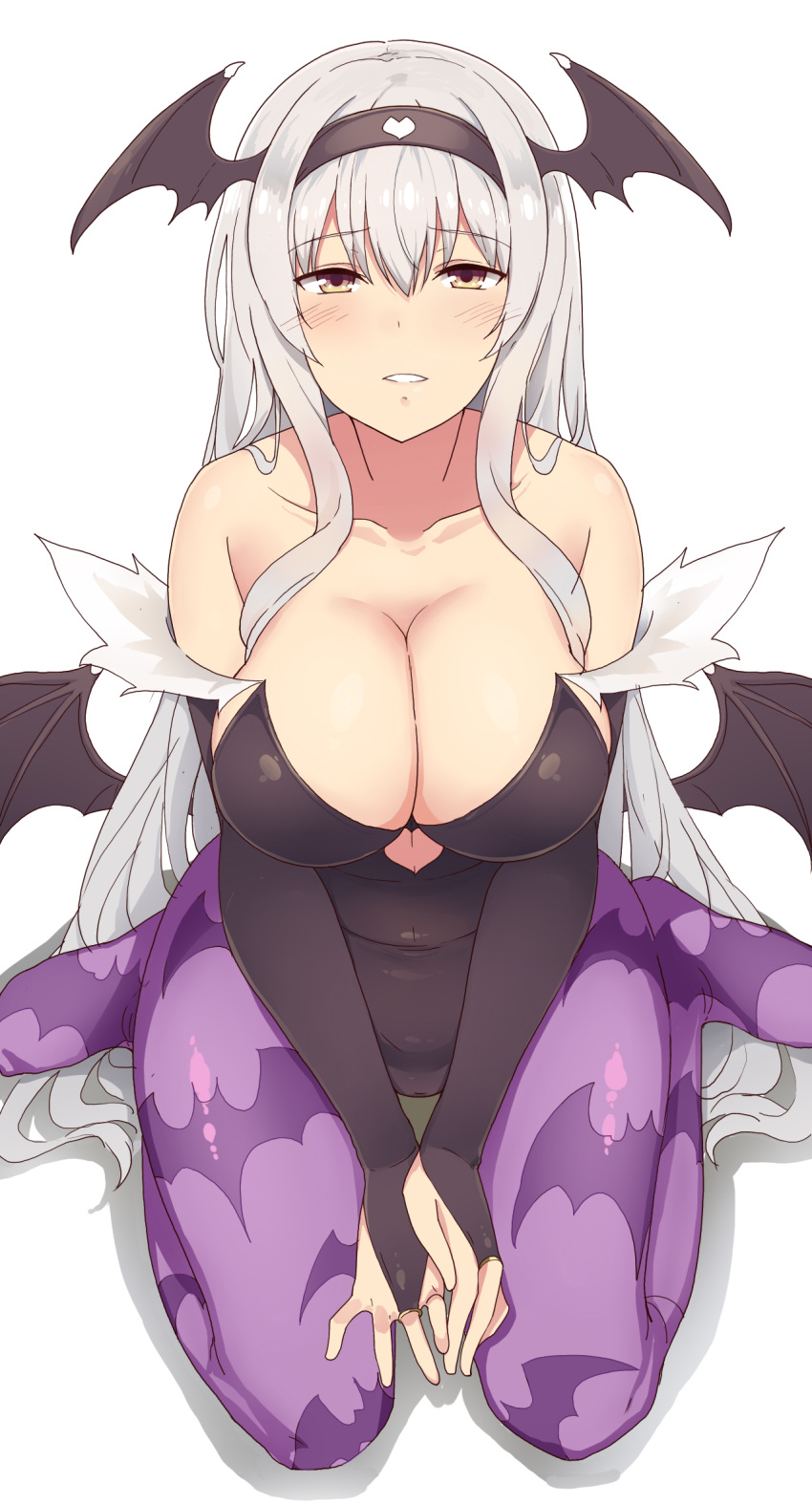 1girl animal_print bare_shoulders bat_print bat_wings blush breasts bridal_gauntlets cleavage cosplay demon_girl hairband head_wings highres kantai_collection large_breasts leotard long_hair morrigan_aensland morrigan_aensland_(cosplay) pantyhose print_legwear shoukaku_(kantai_collection) silver_hair simple_background sitting smile solo suisen_toire_(moko924) vampire_(game) wariza white_background wings yellow_eyes