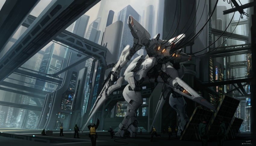 absurdres building city cityscape highres holding holding_weapon karamas mecha original outdoors science_fiction skyscraper weapon