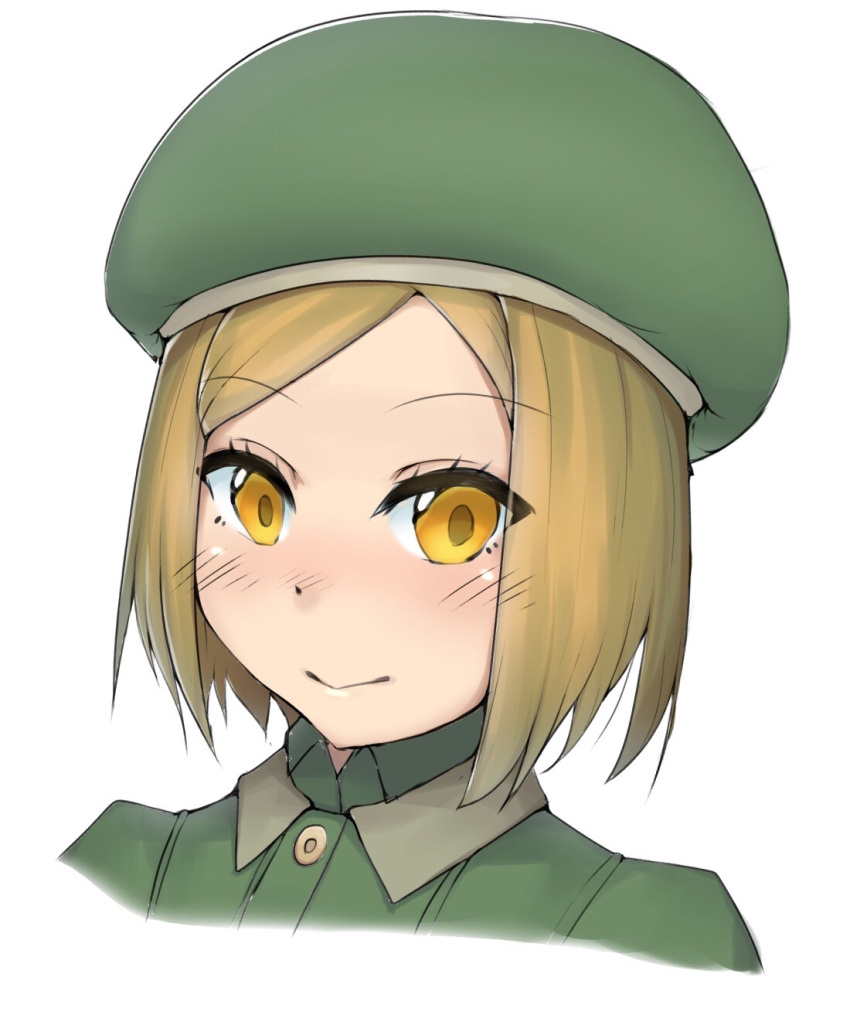1girl beret blonde_hair blush closed_mouth face fate/grand_order fate_(series) genn804ss green_shirt hat highres looking_at_viewer paul_bunyan_(fate/grand_order) shirt short_hair smile solo yellow_eyes