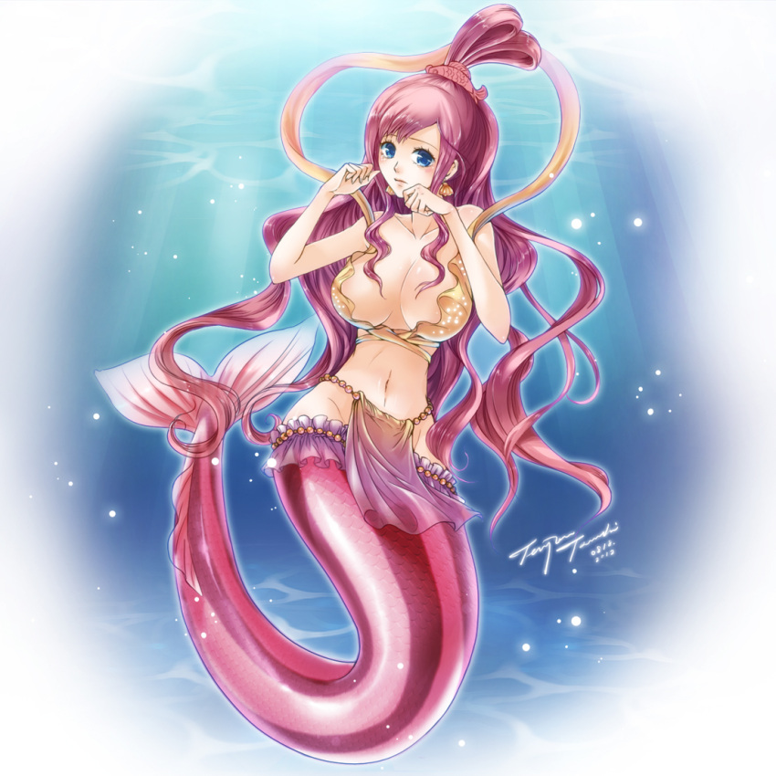 1girl bare_arms bare_shoulders bikini_top blue_eyes blush breasts closed_mouth collarbone fish_tail full_body groin hair_rings large_breasts loincloth long_hair looking_at_viewer mermaid monster_girl navel one_piece pink_hair shell_earrings shirahoshi sidelocks solo stomach tenjou_tsuki underwater very_long_hair