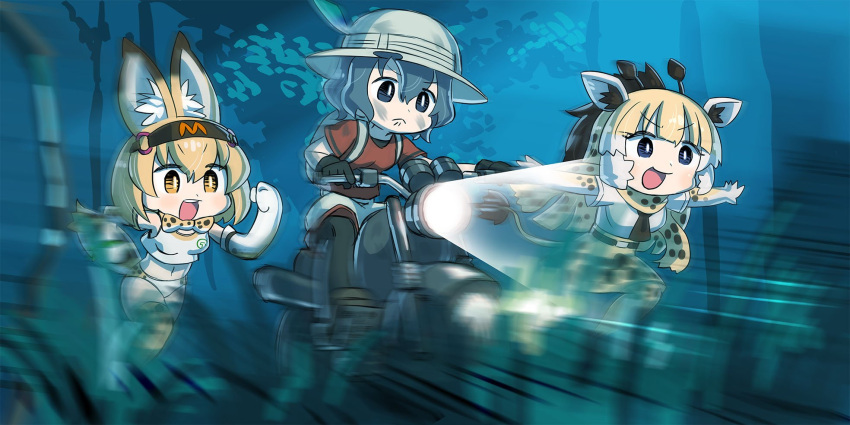 &gt;:d 3girls :&lt; :d animal_ears backpack bag black_eyes black_gloves blonde_hair blue_hair bow bowtie bucket_hat buruma chaki_(teasets) commentary_request elbow_gloves eyebrows_visible_through_hair forest giraffe_ears giraffe_horns giraffe_tail gloves ground_vehicle hairband hat hat_feather highres japan_racing_association jurassic_world kaban_(kemono_friends) kemono_friends long_hair midriff motion_blur motor_vehicle motorcycle multicolored_hair multiple_girls nature necktie night open_mouth outstretched_arms reticulated_giraffe_(kemono_friends) riding running serval_(kemono_friends) serval_ears serval_print serval_tail short_hair skirt smile spread_arms tail thigh-highs
