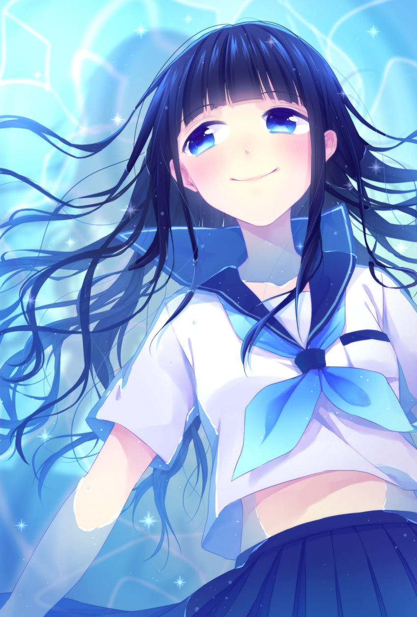 1girl aqua_neckerchief bangs black_hair blue_eyes blue_neckerchief blue_sailor_collar blue_skirt blunt_bangs blush breasts closed_mouth collarbone commentary_request eyebrows_visible_through_hair highres hime_cut hina_(hinalovesugita) long_hair looking_away lying lying_on_water neckerchief on_back original partially_submerged pleated_skirt sailor_collar school_uniform serafuku shirt short_sleeves skirt smile solo water white_shirt