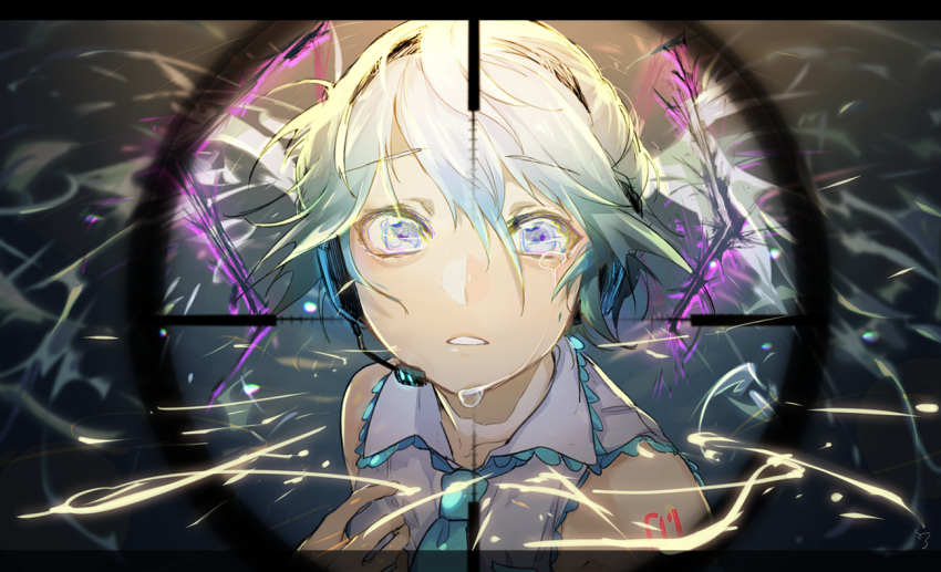 1girl blue_eyes collared_shirt crying crying_with_eyes_open energy eyebrows_visible_through_hair floating_hair green_hair hair_between_eyes hand_up hassan_(sink916) hatsune_miku headset letterboxed long_hair looking_at_viewer necktie parted_lips reticule shirt sleeveless sleeveless_shirt solo streaming_tears tattoo tears twintails upper_body vocaloid wing_collar