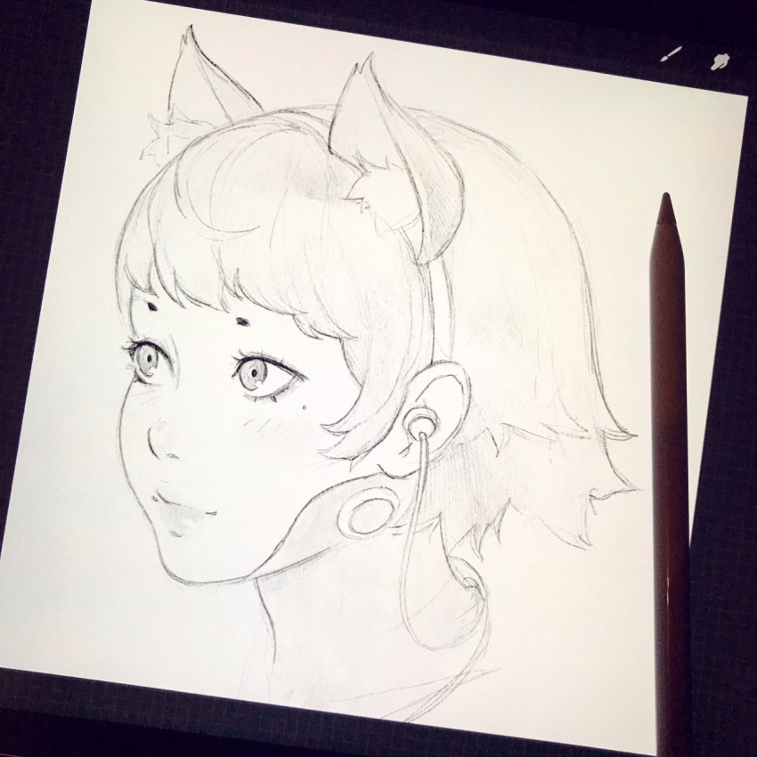 1girl animal_ears cat_ears earphones fake_animal_ears highres ilya_kuvshinov original photo sketch solo stylus upper_body