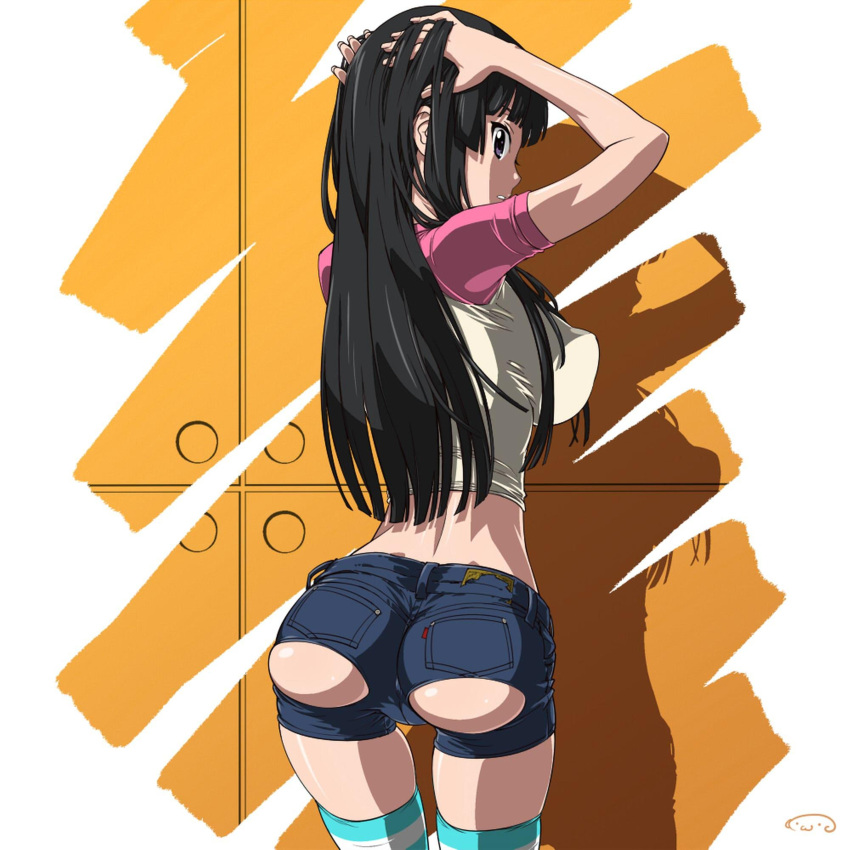 1girl absurdres adjusting_hair akiyama_mio arms_up ass ass_cutout back black_hair breasts commentary crop_top denim denim_shorts duplicate erect_nipples fingernails from_behind hand_on_own_head highres hime_cut impossible_clothes impossible_shirt k-on! large_breasts long_fingernails long_hair looking_back raglan_sleeves resizing_artifacts shadow shirt short_shorts shorts solo standing striped striped_legwear suna t-shirt thigh-highs torn_clothes violet_eyes