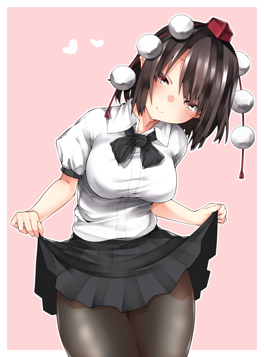 1girl bangs black_bow black_bowtie black_hair black_legwear black_skirt blush bow bowtie breasts brown_eyes closed_mouth collared_shirt cowboy_shot eyebrows_visible_through_hair hat head_tilt heart highres kz_oji lifted_by_self long_hair looking_at_viewer medium_breasts pantyhose pink_background pleated_skirt pom_pom_(clothes) red_hat shameimaru_aya shirt short_sleeves simple_background skirt skirt_lift smile solo thigh_gap tokin_hat touhou white_shirt