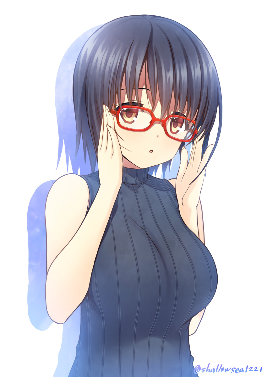 1girl :o absurdres adjusting_glasses asami_asami bangs bare_arms bare_shoulders black_hair blush breasts brown_eyes glasses highres large_breasts looking_at_viewer original red-framed_eyewear ribbed_sweater short_hair sleeveless sleeveless_turtleneck solo sweater turtleneck turtleneck_sweater twitter_username upper_body