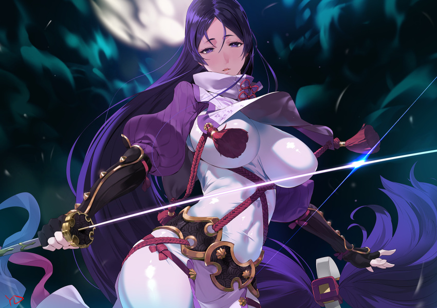 1girl arm_guards black_gloves bodysuit breasts clouds cloudy_sky commentary covered_navel elbow_gloves fate/grand_order fate_(series) fingerless_gloves gloves highres hips holding holding_weapon katana large_breasts long_hair looking_at_viewer low-tied_long_hair minamoto_no_raikou_(fate/grand_order) moon night night_sky parted_lips purple_hair purple_shirt rope shirt signature sky solo sword tassel turtleneck very_long_hair violet_eyes weapon wind wind_lift yang-do