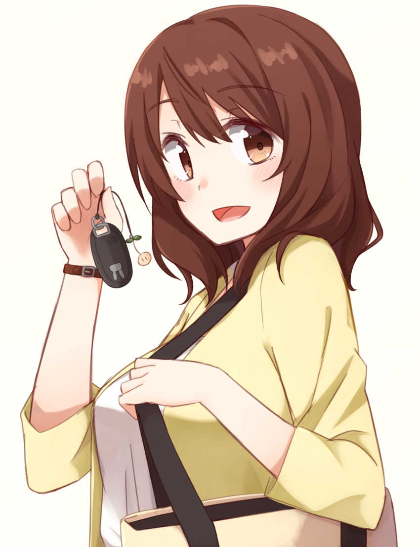 1girl bag breasts brown_eyes brown_hair car_keys commentary from_side highres holding_key kapatarou looking_at_viewer mai_(kapatarou) medium_breasts open_mouth original shiny shiny_hair short_hair solo upper_body white_background