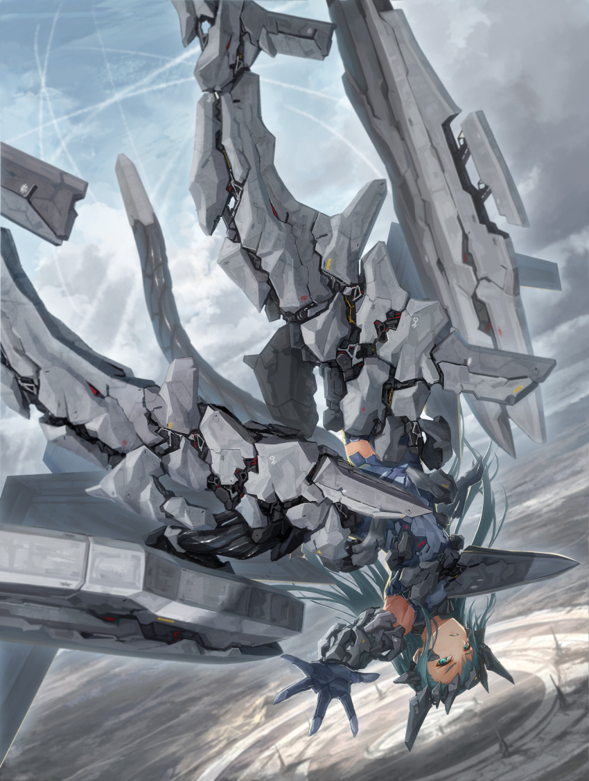 aqua_eyes aqua_hair armor clouds condensation_trail elbow_gloves falling from_above gloves highres horizon long_hair looking_at_viewer original outstretched_arm sky tom-neko_(zamudo_akiyuki) tower