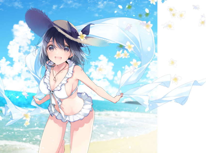 1girl :d bangs barefoot beach bikini bikini_skirt black_hair blush breasts cleavage floating_hair frilled_bikini frills grey_eyes hair_between_eyes hat holding large_breasts looking_at_viewer miniskirt navel ocean open_mouth original outdoors shawl skirt smile solo standing standing_on_one_leg straw_hat sun_hat swimsuit tareme thighs u35 white_bikini white_flower white_skirt