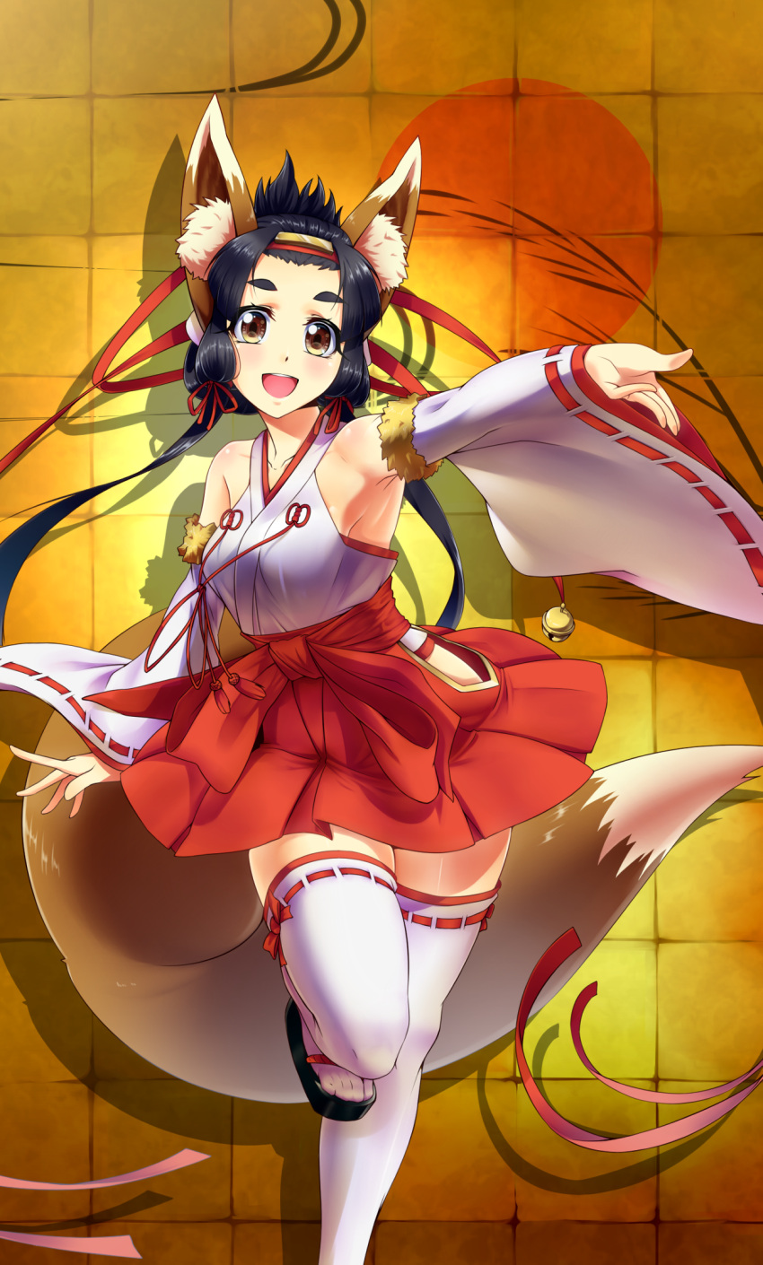 1girl :d animal_ears armpits bangs_pinned_back bell black_hair blush breasts brown_eyes commentary_request detached_sleeves feet_out_of_frame fox_ears fox_girl fox_tail highres japanese_clothes kagiyama_(gen'ei_no_hasha) long_hair looking_at_viewer medium_breasts miko open_mouth original red_skirt sandals skirt smile solo tabi tail thick_eyebrows thigh-highs white_legwear white_sleeves wide_sleeves zettai_ryouiki