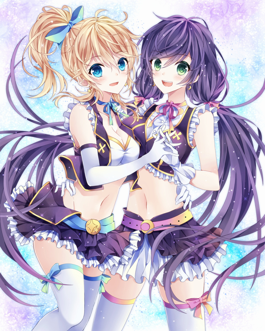 2girls :d ayase_eli belt blonde_hair blue_bow blue_ribbon blush bow breasts choker cleavage closed_eyes crop_top detached_sleeves earrings eyebrows_visible_through_hair floating_hair gloves green_eyes hair_bow hand_holding hand_on_another's_hip high_ponytail highres holding_hands interlocked_fingers jewelry layered_skirt love_live! love_live!_school_idol_project medium_breasts midriff miniskirt multicolored_ribbon multiple_girls navel no_brand_girls open_mouth pink_ribbon purple_hair ribbon ribbon_choker runako skirt sleeveless smile standing stomach thigh-highs toujou_nozomi twintails upper_teeth violet_eyes white_gloves white_legwear white_thighhighs
