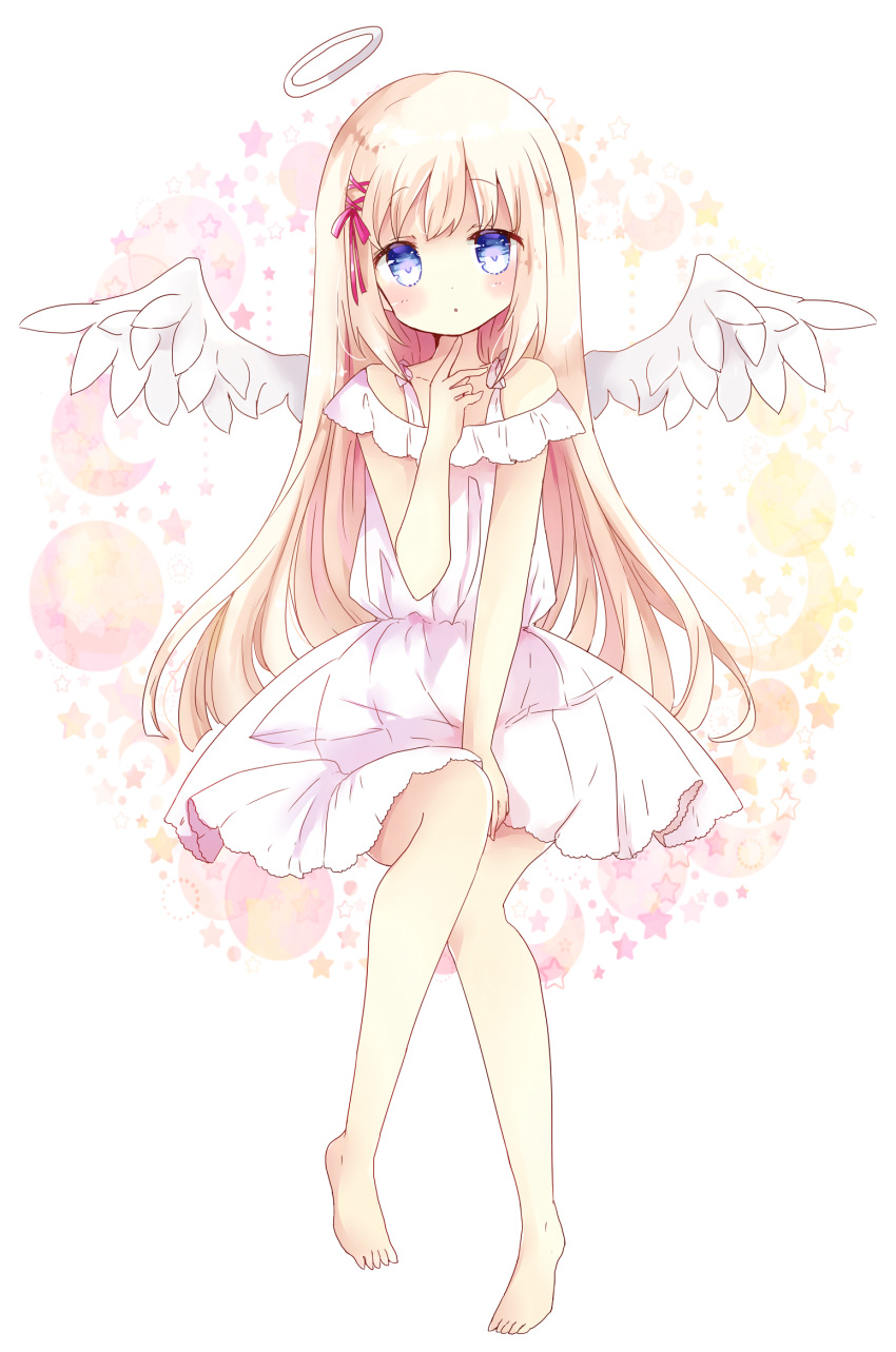 1girl :o angel_wings bare_arms bare_legs barefoot blonde_hair blue_eyes blush crescent dress eyebrows_visible_through_hair feathered_wings finger_to_chin hair_ribbon halo hand_on_lap head_tilt highres long_hair looking_at_viewer off-shoulder_dress off_shoulder original parted_lips pink_ribbon ribbon sitting sleeveless sleeveless_dress solo star tsukiyo_(skymint) white_dress white_wings wings