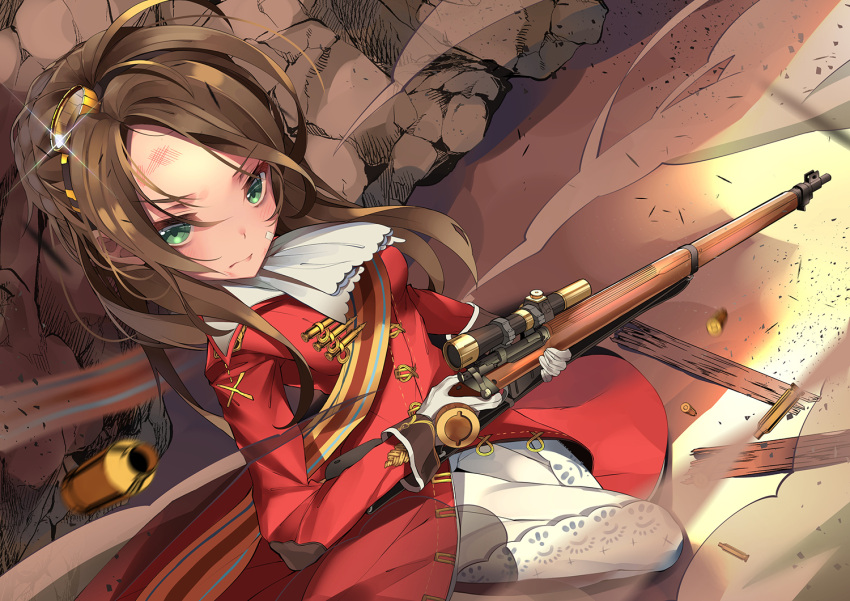 1girl ammunition ascot bandaid_on_cheek blush bow braid breasts brown_hair bullet cartridge closed_mouth eyebrows eyebrows_visible_through_hair finger_on_trigger girls_frontline gloves gun hair_bow hair_ornament holding holding_gun holding_weapon jacket kneeling lee-enfield lee-enfield_(girls_frontline) long_sleeves looking_at_viewer medal medallion medium_breasts military military_uniform pants red_jacket ribbon rifle scope sidelocks slumcat smoke solo sparkle uniform weapon white_gloves white_pants