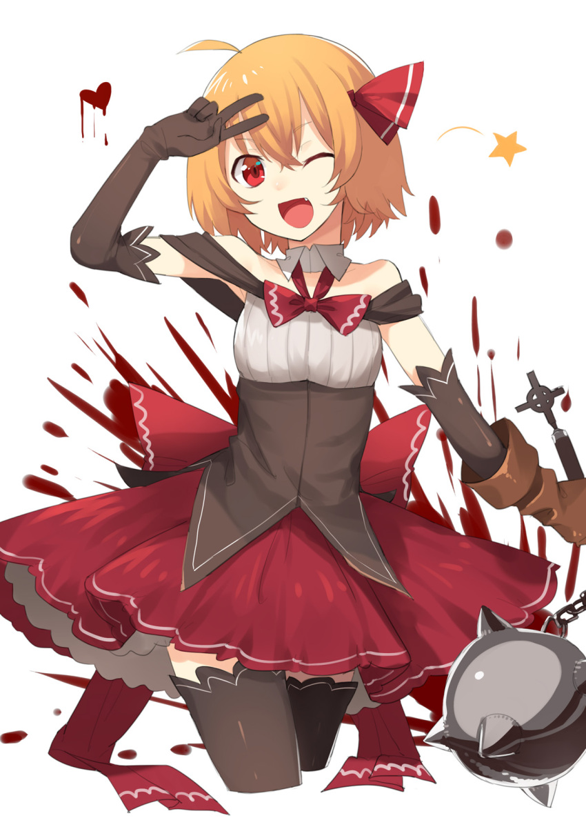 1girl ;d ahoge alternate_costume bangs black_gloves black_legwear blonde_hair blood bow brown_gloves cowboy_shot cropped_legs detached_collar elbow_gloves eyebrows_visible_through_hair fang flail gloves hair_ribbon hand_up heart highres holding holding_weapon looking_at_viewer magical_girl morning_star one_eye_closed open_mouth red_bow red_eyes red_skirt ribbon rumia sh_(562835932) short_hair simple_background skirt sleeveless smile solo star thigh-highs touhou underbust v weapon white_background zettai_ryouiki