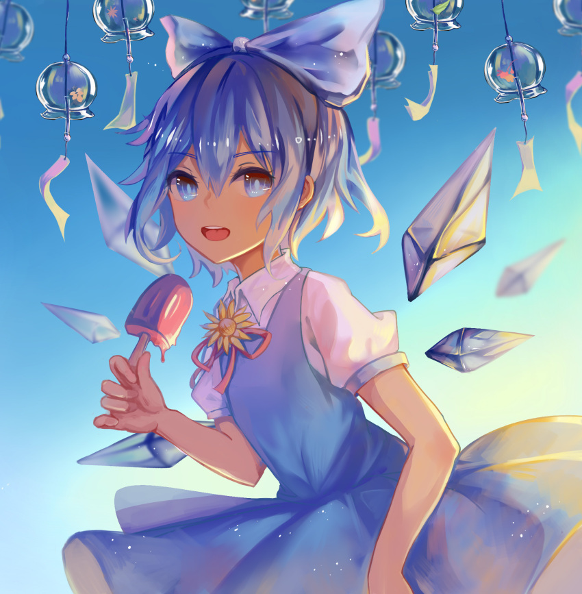 1girl :d bangs blue_bow blue_dress blue_eyes blue_hair blue_sky bow cirno collared_shirt day dress eyebrows_visible_through_hair flower food gradient gradient_background hair_between_eyes hair_bow hand_up hidden_star_in_four_seasons highres holding ice ice_wings looking_at_viewer mi_shi neck_ribbon open_mouth outdoors popsicle puffy_short_sleeves puffy_sleeves red_ribbon ribbon shirt short_hair short_sleeves sky smile solo standing sunflower touhou upper_body upper_teeth white_shirt wind_chime wings yellow_flower