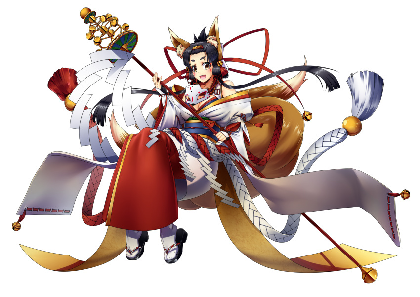 1girl :d absurdres animal_ears bangs_pinned_back bare_shoulders belt black_hair breasts brown_hair cleavage commentary_request facial_tattoo fox_ears fox_girl fox_mask fox_tail full_body highres holding holding_staff japanese_clothes kagiyama_(gen'ei_no_hasha) kimono large_breasts long_hair mask mask_removed miko obi off_shoulder omamori open_mouth original sandals sash smile solo staff tabi tail tattoo transparent_background