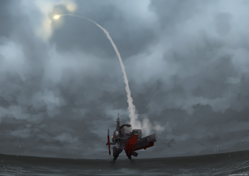 1girl clouds cloudy_sky day firing highres jack_hamster mecha_musume missile ocean original personification sky solo