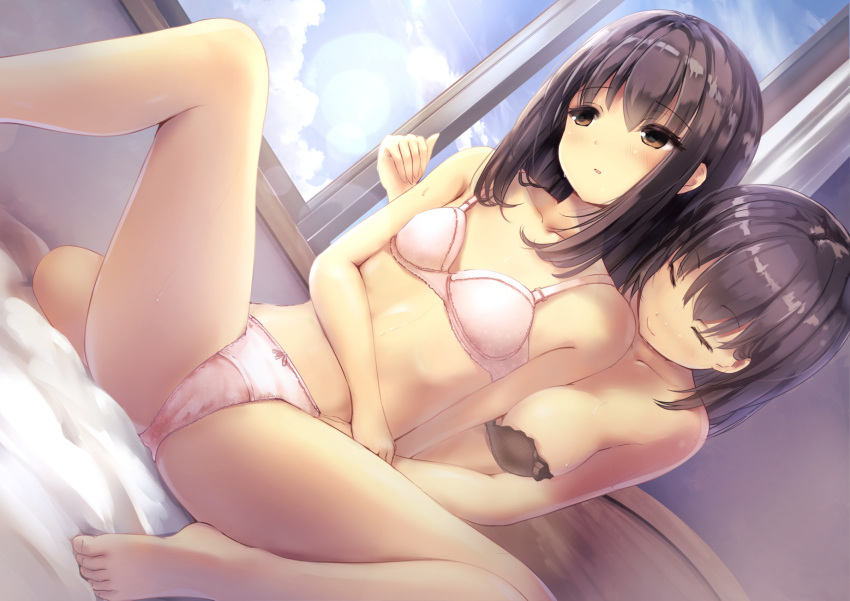 2girls bangs bare_arms bare_legs bare_shoulders barefoot bed bed_sheet blunt_bangs blush bow bow_panties bra breasts brown_bra brown_hair closed_mouth collarbone commentary_request day eyebrows_visible_through_hair hair_between_eyes highres indoors lens_flare long_hair medium_breasts missile228 mouth_hold multiple_girls on_bed open_mouth original outdoors panties pink_bow pink_bra pink_panties sitting sitting_on_bed small_breasts spread_legs sweat toes underwear underwear_only yuri