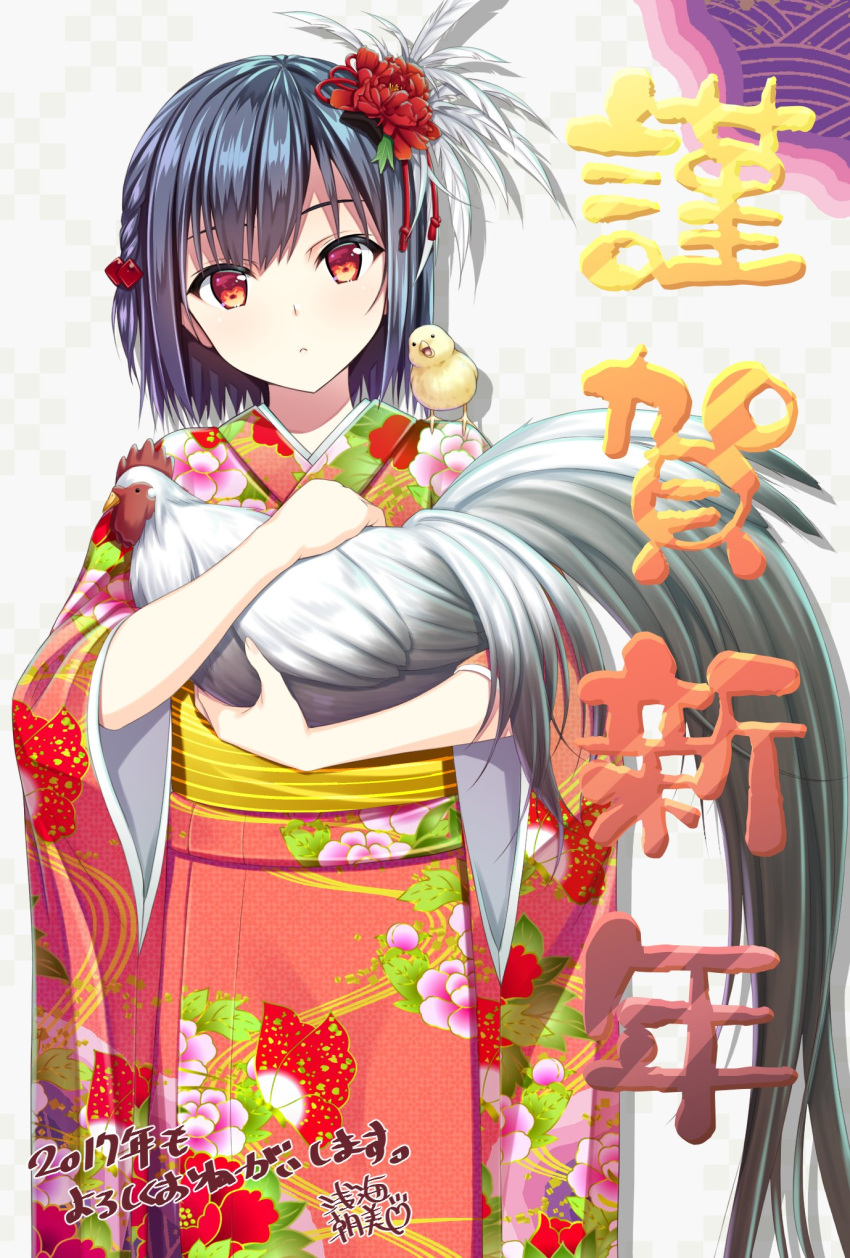1girl :&lt; animal animal_on_shoulder asami_asami bangs bird bird_on_shoulder black_hair blush chick chicken closed_mouth cowboy_shot floral_print flower furisode hair_flower hair_ornament highres japanese_clothes kimono long_sleeves looking_at_viewer nengajou new_year obi original red_eyes rooster sash short_hair translated wide_sleeves year_of_the_rooster
