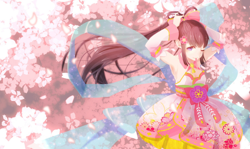 10s adjusting_clothes adjusting_hat arms_up bow cherry_blossoms detached_sleeves dress floral_print flower hair_flower hair_ornament hat idolmaster idolmaster_cinderella_girls idolmaster_cinderella_girls_starlight_stage ika_(freeter) kobayakawa_sae long_hair looking_at_viewer mouth_hold one_eye_closed pink_bow pink_dress ponytail violet_eyes