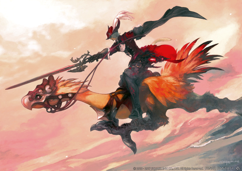 1boy animal_ears boots cat_ears cat_tail chocobo final_fantasy final_fantasy_xiv gloves grey_hair hat miqo'te official_art rapier red_mage riding solo sword tail thigh-highs thigh_boots watermark weapon