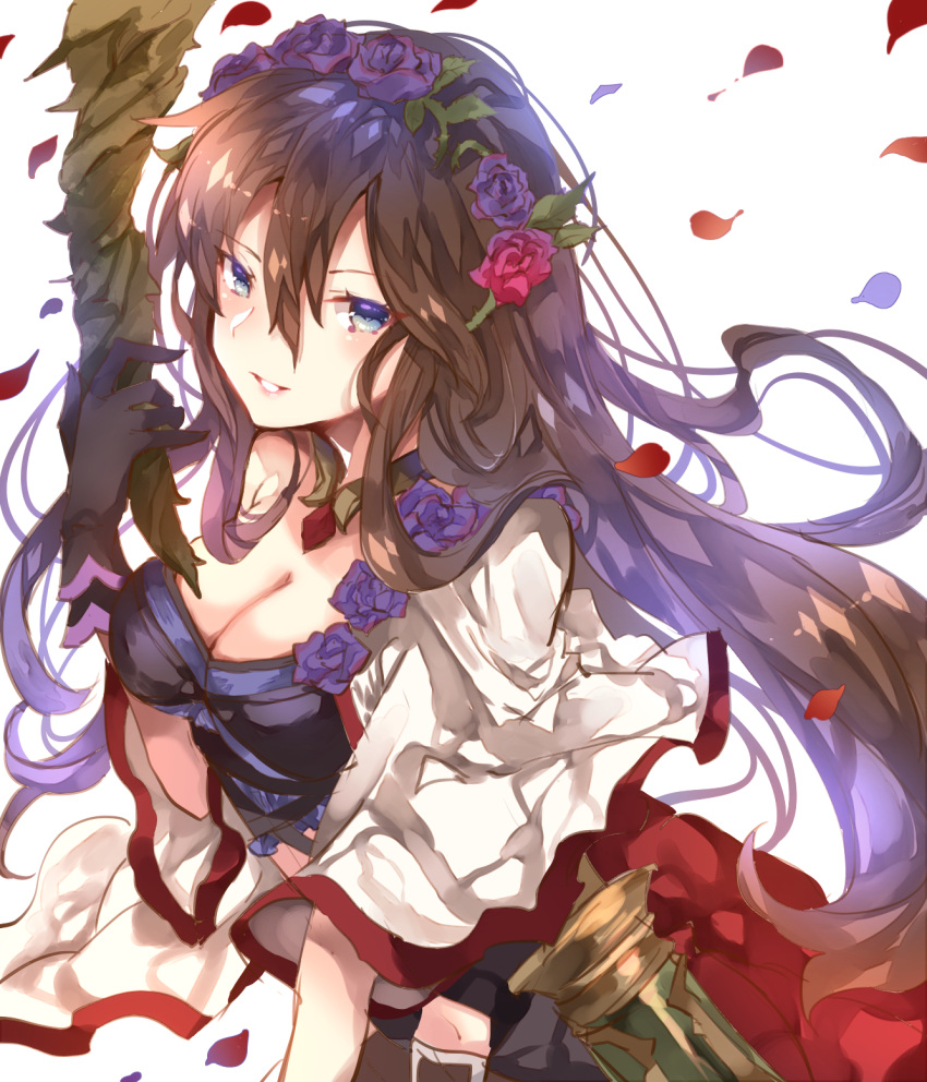 10s 1girl bad_id bad_tumblr_id blue_hair breasts cleavage flower gloves granblue_fantasy hair_flower hair_ornament highres jewelry large_breasts long_hair navel necklace petals rose rose_petals rosetta_(granblue_fantasy) smile solo sweetroad violet_eyes white_background