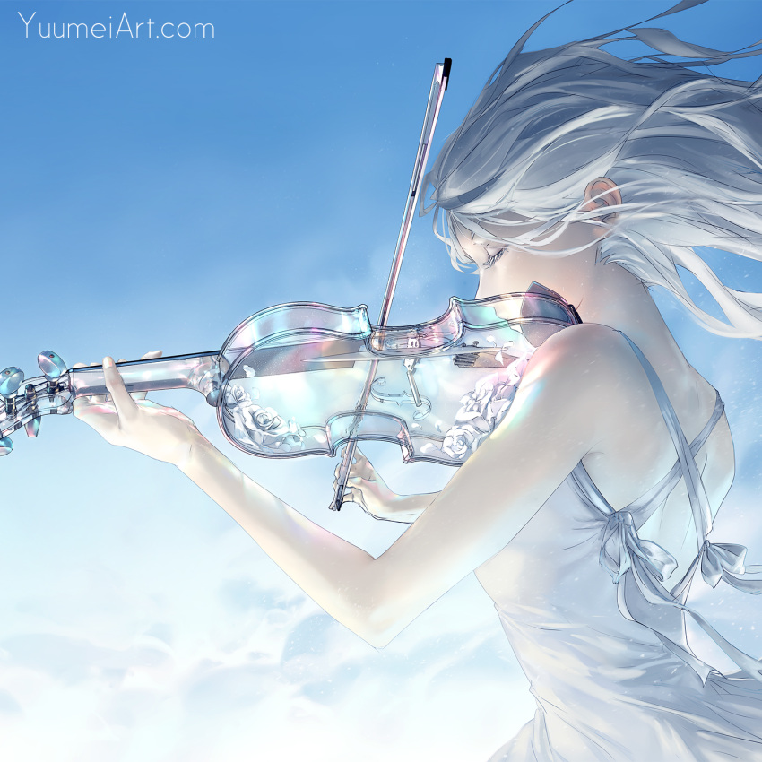 1girl closed_eyes dress flower gradient gradient_background highres instrument long_hair original pale_skin rose see-through solo standing violin watermark web_address wenqing_yan white_dress white_hair wind