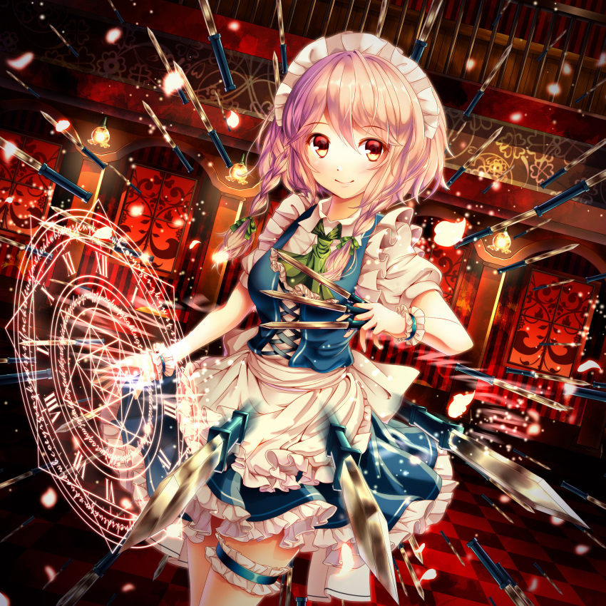 1girl absurdres apron ascot bangs between_fingers blue_dress blush braid checkered checkered_floor chiyu_(kumataro0x0) closed_mouth cowboy_shot cross-laced_clothes danmaku dress dutch_angle eyebrows_visible_through_hair frilled_apron frilled_ascot frills garters green_ascot hair_ribbon highres holding holding_knife indoors izayoi_sakuya knife knives_between_fingers lamp looking_at_viewer magic_circle maid maid_headdress motion_blur petals puffy_short_sleeves puffy_sleeves red_eyes red_ribbon ribbon scarlet_devil_mansion shirt short_hair short_sleeves side_braid silver_hair smile solo standing touhou twin_braids waist_apron weapon white_shirt window wrist_cuffs