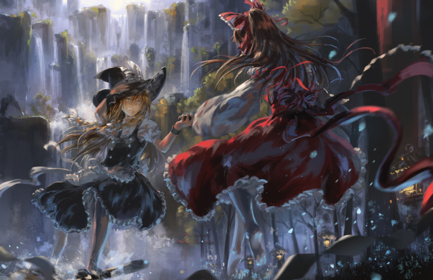2girls aerial_battle apron barefoot battle blonde_hair bow braid broom broom_surfing clenched_teeth detached_sleeves flying forest from_behind gohei hair_blowing hair_bow hakurei_reimu hand_on_headwear hand_up hat hat_ribbon highres kirisame_marisa long_hair looking_at_another mini-hakkero mixed_media motion_blur multiple_girls nature outdoors ponytail ribbon single_braid skirt skirt_set sneer song_ren stone_lantern teeth touhou traditional_media waist_apron watercolor_pencil_(medium) witch_hat wrist_cuffs yellow_eyes