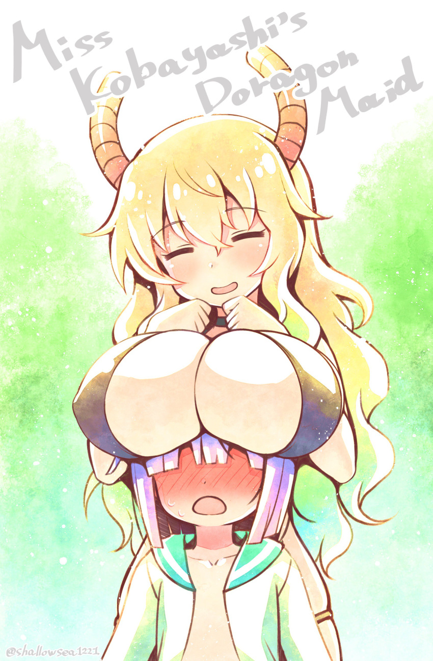 1boy 1girl ^_^ absurdres age_difference asami_asami bangs blonde_hair blush breast_rest breasts cleavage closed_eyes collarbone dragon_horns engrish faceless faceless_male full-face_blush gradient_hair green_hair hair_between_eyes height_difference highres horns kobayashi-san_chi_no_maidragon large_breasts magatsuchi_shouta multicolored_hair open_clothes open_shirt parted_lips purple_hair quetzalcoatl_(maidragon) ranguage shirt smile wavy_hair