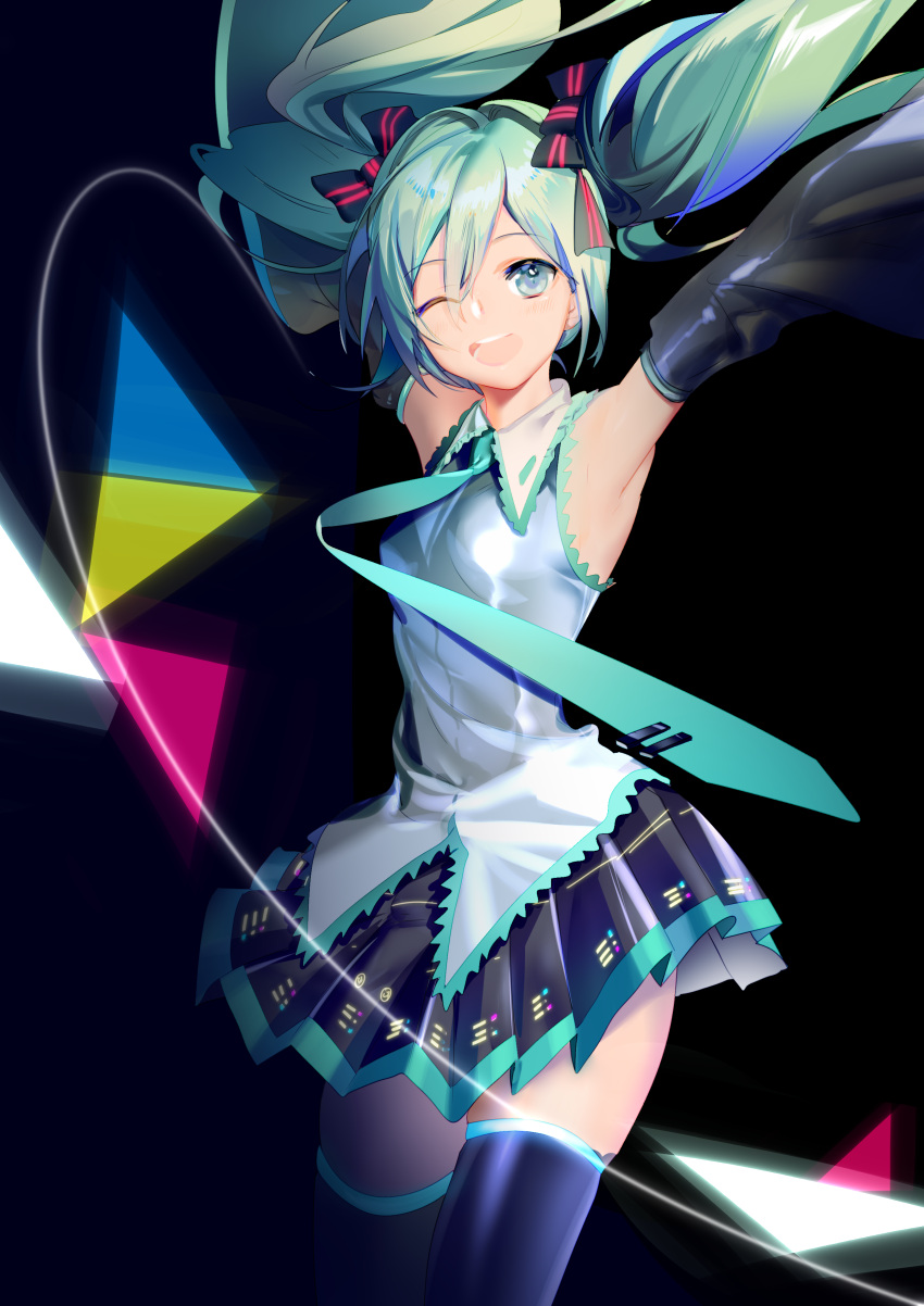 1girl absurdres aqua_eyes armpits black_background blush detached_sleeves hair_ribbon hatsune_miku highres long_hair one_eye_closed ribbon skindentation skirt smile solo thigh-highs thighs twintails vocaloid wide_sleeves yyb zettai_ryouiki