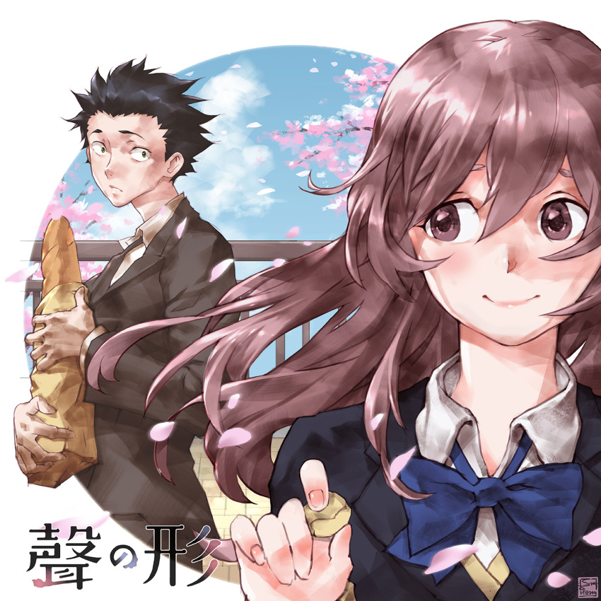 1boy 1girl :o artist_signature bag baguette black_eyes black_hair blue_ribbon blue_sky bread cherry_blossoms close-up clouds commentary copyright_name day fingernails floating_hair food formal hair_between_eyes highres holding holding_food ishida_shouya koe_no_katachi long_hair looking_at_another looking_back nishimiya_shouko paper_bag parted_lips petals pointy_hair purple_hair ribbon school_uniform sky smile suit translated violet_eyes zoof