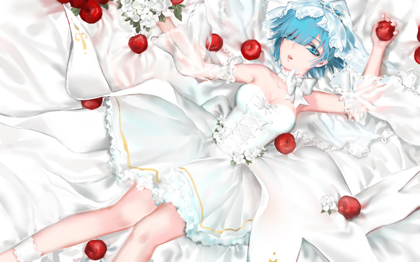 1girl ankle_cuffs apple bed_sheet blue_eyes blue_hair bow breasts bridal_veil choker cleavage closed_eyes collarbone detached_sleeves dress food from_above fruit hair_over_one_eye highres holding holding_fruit looking_at_viewer lying medium_breasts on_back parted_lips qidai re:zero_kara_hajimeru_isekai_seikatsu rem_(re:zero) school_uniform short_dress short_hair sleeveless sleeveless_dress solo strapless strapless_dress veil wedding_dress white_bow white_flower