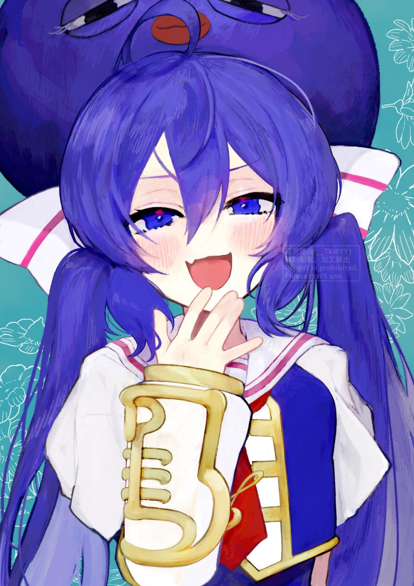 1girl \||/ ahoge artist_name band_uniform blue_background blue_shirt blush detached_sleeves eel_hat fang floral_background gold_trim half-closed_eyes hand_to_own_mouth highres long_hair looking_at_viewer low_twintails multicolored_shirt necktie open_mouth otomachi_una otomachi_una_(sugar) purple_hair red_necktie sailor_collar shirt short_sleeves skin_fang smile smug solo takamiya_yuu twintails upper_body v-shaped_eyebrows violet_eyes vocaloid watermark white_sailor_collar white_shirt white_sleeves