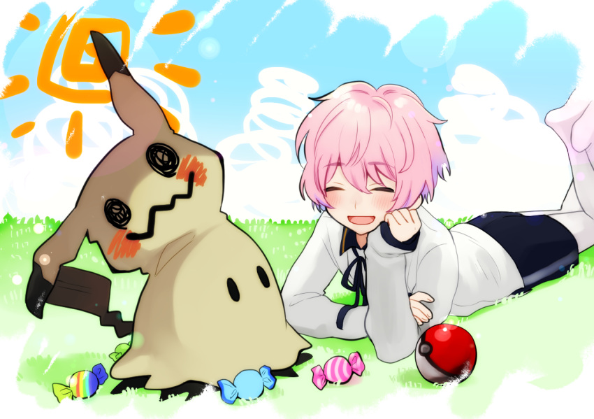 1boy akita_toushirou asuma_(hanezu) blush candy crossover food male_focus mimikyu open_mouth pink_hair poke_ball pokemon pokemon_(creature) pokemon_(game) pokemon_sm smile touken_ranbu