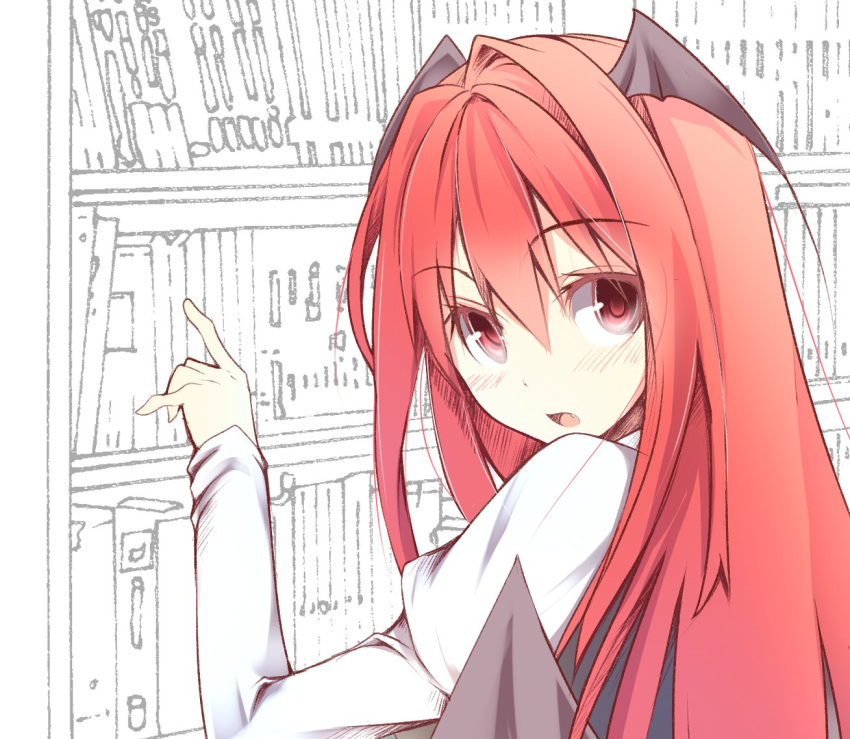 1girl bangs black_wings blush boots eyebrows_visible_through_hair fang from_behind hair_between_eyes head_wings juliet_sleeves koakuma long_hair long_sleeves looking_at_viewer looking_back nirap open_mouth partially_colored puffy_sleeves red_eyes redhead shelf solo touhou upper_body wings