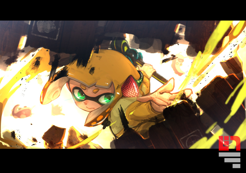 1girl attack bangs blonde_hair blunt_bangs bright_background closed_mouth domino_mask green_eyes headphones highres holding holding_weapon inkling jacket kashu_(hizake) letterboxed long_sleeves mask octarian outstretched_arms serious solo_focus splatoon splatoon_2 squidbeak_splatoon suction_cups takozonesu tentacle tentacle_hair upper_body weapon