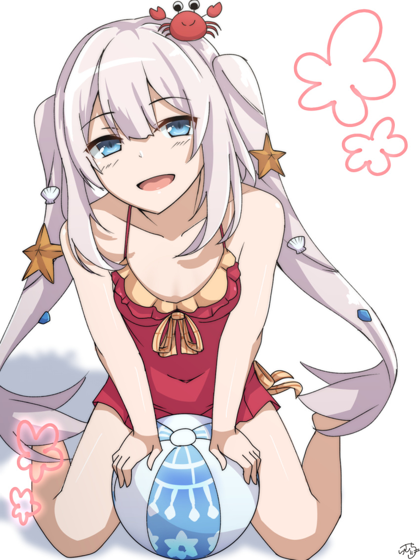 1girl ball beachball blue_eyes breasts cleavage crab_on_head fate/grand_order fate_(series) full_body hat highres long_hair looking_at_viewer marie_antoinette_(fate/grand_order) marie_antoinette_(swimsuit_caster)_(fate) open_mouth ramchi seashell shell silver_hair sitting smile solo starfish swimsuit twintails wariza