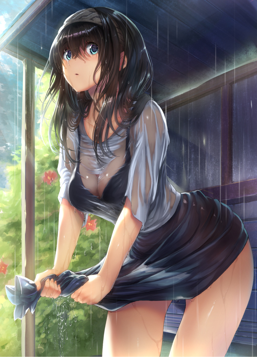 10s 1girl bangs black_bra black_hair blue_eyes blue_skirt bra bra_through_clothes breasts cleavage collarbone commentary_request day eyebrows_visible_through_hair eyes_visible_through_hair hairband highres hips idolmaster idolmaster_cinderella_girls large_breasts long_hair looking_at_viewer nohito outdoors parted_lips rain sagisawa_fumika see-through skirt solo thighs underwear wet wet_clothes wringing_clothes wringing_skirt
