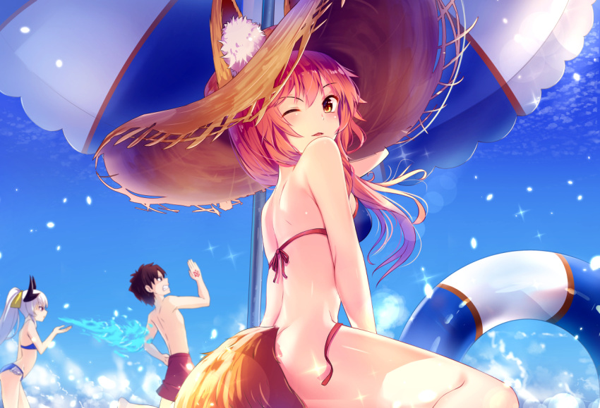 1boy 1girl 2girls bikini blush fate/grand_order fate_(series) fujimaru_ritsuka_(male) hat kiyohime_(fate/grand_order) multiple_girls one_eye_closed parted_lips smile solo straw_hat sun_hat swimsuit tamamo_(fate)_(all) tamamo_no_mae_(swimsuit_lancer)_(fate) untied untied_bikini yan_(nicknikg)