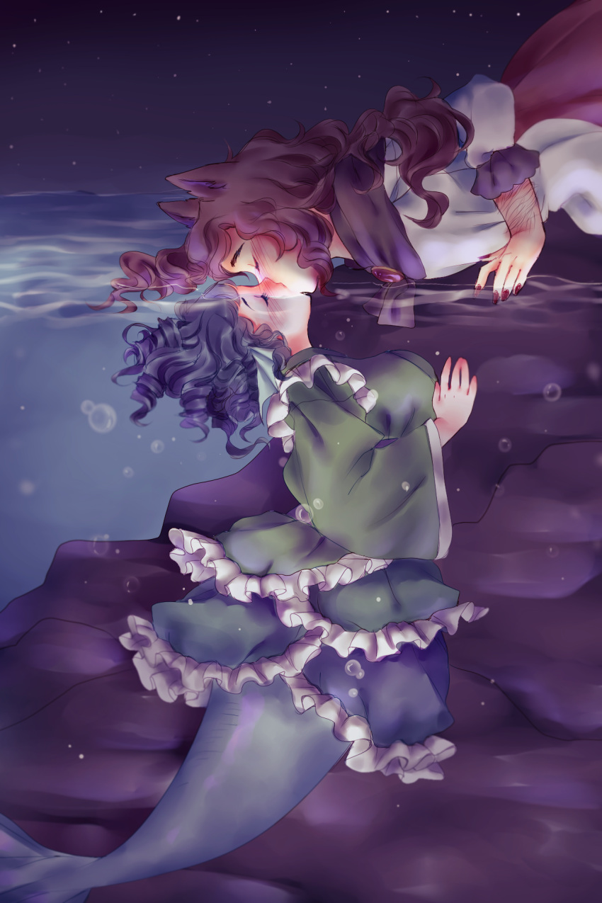 2girls air_bubble animal_ears arm_hair bent_over blue_hair blush brooch brown_hair bubble closed_eyes dress drill_hair fingernails fish_tail frills from_side green_kimono head_fins highres imaizumi_kagerou japanese_clothes jewelry kimono kiss long_hair long_sleeves mermaid monster_girl multiple_girls nail_polish night night_sky nose_blush obi orz_(kagewaka) outdoors red_nails sash short_hair sky star_(sky) starry_sky touhou underwater wakasagihime water wide_sleeves wolf_ears yuri