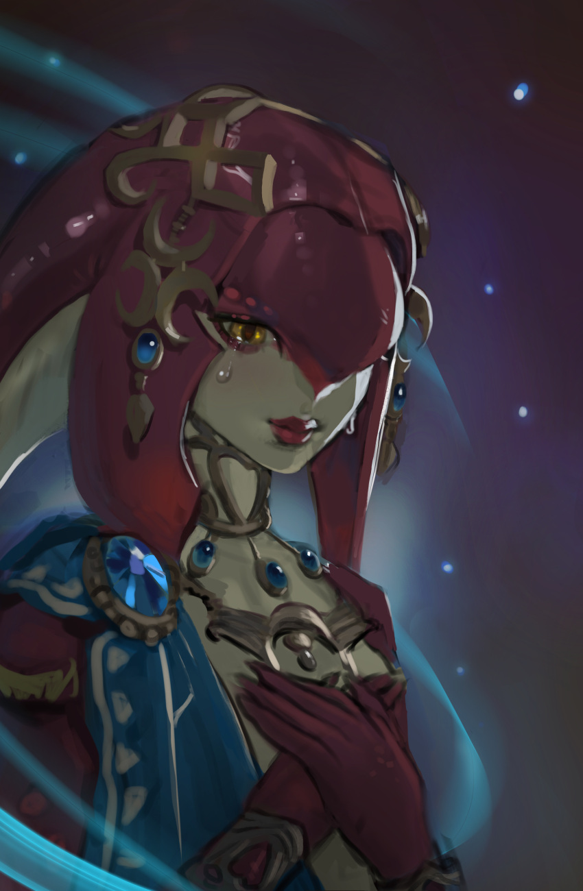 1girl absurdres crying dreri fish_girl gem hair_ornament hands_on_own_chest highres jewelry lipstick makeup mipha multicolored multicolored_skin necklace red_lips solo tears the_legend_of_zelda the_legend_of_zelda:_breath_of_the_wild yellow_eyes zora