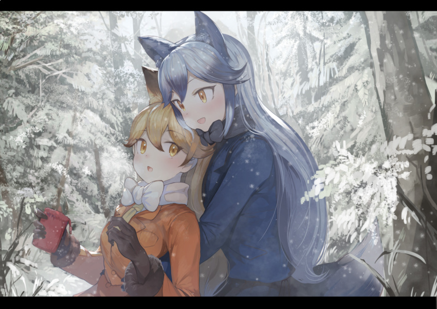 2girls animal_ears black_gloves black_hair black_skirt blonde_hair blush bow bowtie brown_eyes brown_gloves day ezo_red_fox_(kemono_friends) fox_ears fox_tail fur_trim gloves hair_between_eyes jacket kemono_friends koruse long_hair long_sleeves multicolored_hair multiple_girls necktie open_mouth outdoors silver_fox_(kemono_friends) silver_hair skirt smile snow tail tree two-tone_hair winter yellow_eyes yellow_necktie