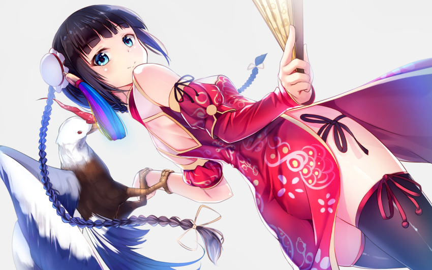 1girl bangs bird black_hair blue_eyes blunt_bangs braid china_dress chinese_clothes cleavage_cutout detached_sleeves dress fan from_behind from_below hair_ornament hair_ribbon long_hair looking_at_viewer mismatched_sleeves original panties ribbon side-tie_panties side_slit simple_background solo thigh-highs twin_braids twintails underwear yan_(nicknikg)