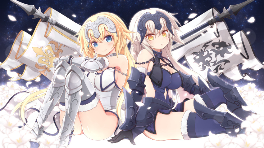 2girls angeltype armor armored_dress armpits ass back-to-back blonde_hair blue_dress blue_eyes blue_legwear breasts brown_eyes brown_hair chains cleavage commentary_request dress dual_persona elbow_gloves fate/apocrypha fate/grand_order fate_(series) faulds flag flower fur_trim gauntlets gloves headpiece highres jeanne_alter legs_up long_hair looking_at_viewer multiple_girls petals revision ruler_(fate/apocrypha) sitting smile thigh-highs very_long_hair white_dress zettai_ryouiki