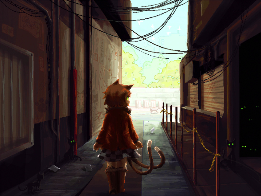 1girl alley animal_ears black_cat black_skirt boots brown_boots brown_hair cat cat_ears cat_tail checkered checkered_skirt chen day from_behind fur_boots fur_coat fur_collar glowing glowing_eyes green_eyes kunochai long_sleeves miniskirt multiple_tails outdoors pixel_art power_lines short_hair skirt solo tail touhou two_tails