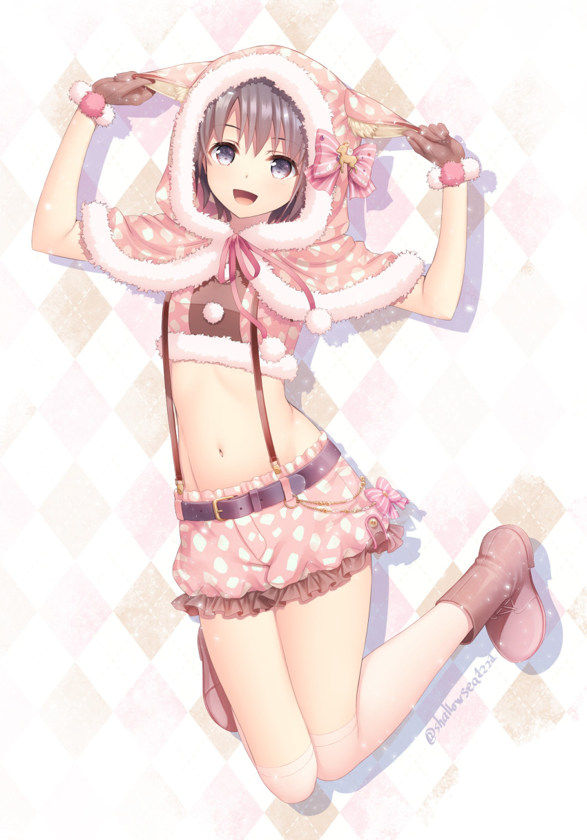 10s 1girl :d absurdres animal_hood asami_asami bangs belt bent_knees black_eyes black_hair blush boots brown_boots brown_gloves cat_hood crop_top full_body fur_trim gloves groin highres hood idolmaster idolmaster_cinderella_girls looking_at_viewer midriff navel open_mouth otokura_yuuki pom_pom_(clothes) short_hair shorts smile solo stomach suspender_shorts suspenders