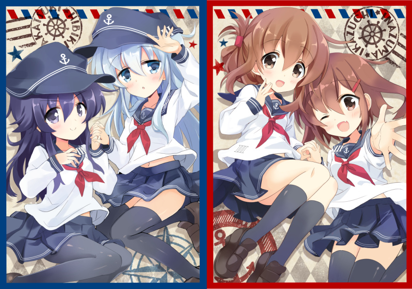 &gt;:) 4girls :d :o ;d akatsuki_(kantai_collection) black_eyes black_hair blue_eyes brown_eyes brown_hair character_name commentary_request fang flat_cap folded_ponytail hair_ornament hairclip hat hibiki_(kantai_collection) hizuki_yayoi ikazuchi_(kantai_collection) inazuma_(kantai_collection) interlocked_fingers kantai_collection kneehighs long_hair midriff multiple_girls navel neckerchief one_eye_closed open_mouth pantyhose pleated_skirt school_uniform serafuku shoes short_hair silver_hair skirt smile thigh-highs zettai_ryouiki